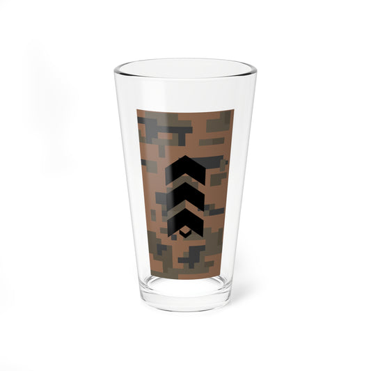 Three stacked black chevrons over a blocky brown, olive and charcoal camouflage pattern in flat vector style.