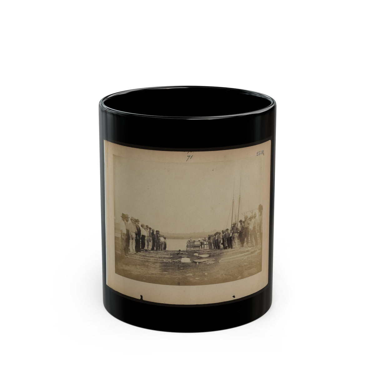 Military Construction In Northern Virginia  Men Standing On Potomac River Bank With Blanket Boat Frames Not Yet Assembled (U.S. Civil War) Black Coffee Mug