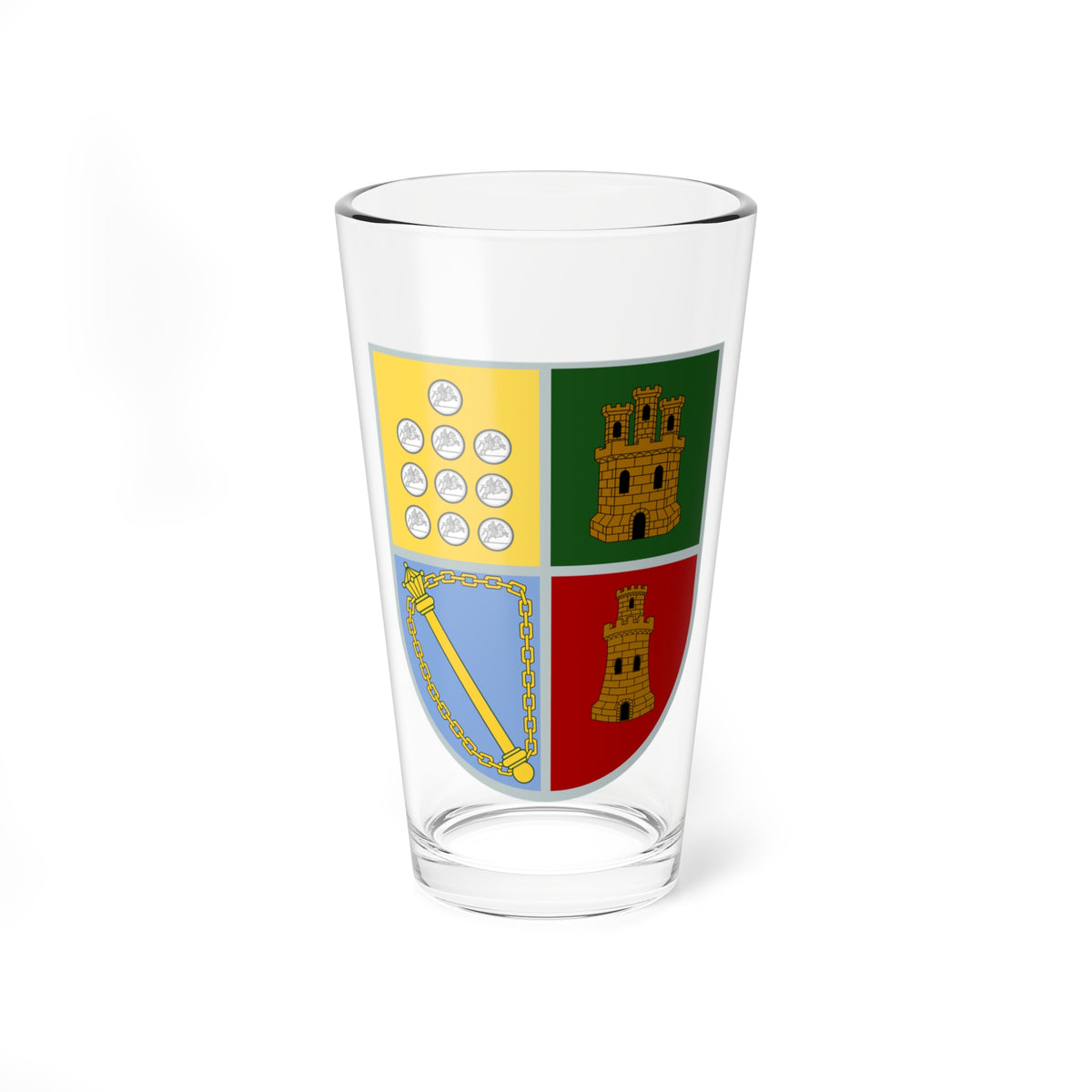 Quartered heraldic shield in yellow, green, blue and red with ten silver horsemen, a castle and a gold mace on a chain.