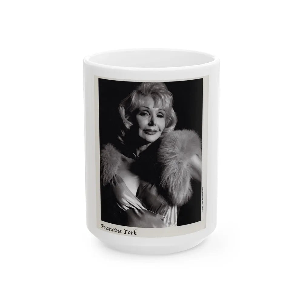 Francine York #171 - 8x10 B&W very recent Upper Body Glamour Night Gown with, Fur Photo on Postcard Paper (Vintage Female Icon) White Coffee Mug-15oz-Go Mug Yourself