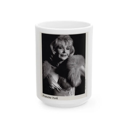 Francine York #171 - 8x10 B&W very recent Upper Body Glamour Night Gown with, Fur Photo on Postcard Paper (Vintage Female Icon) White Coffee Mug-15oz-Go Mug Yourself