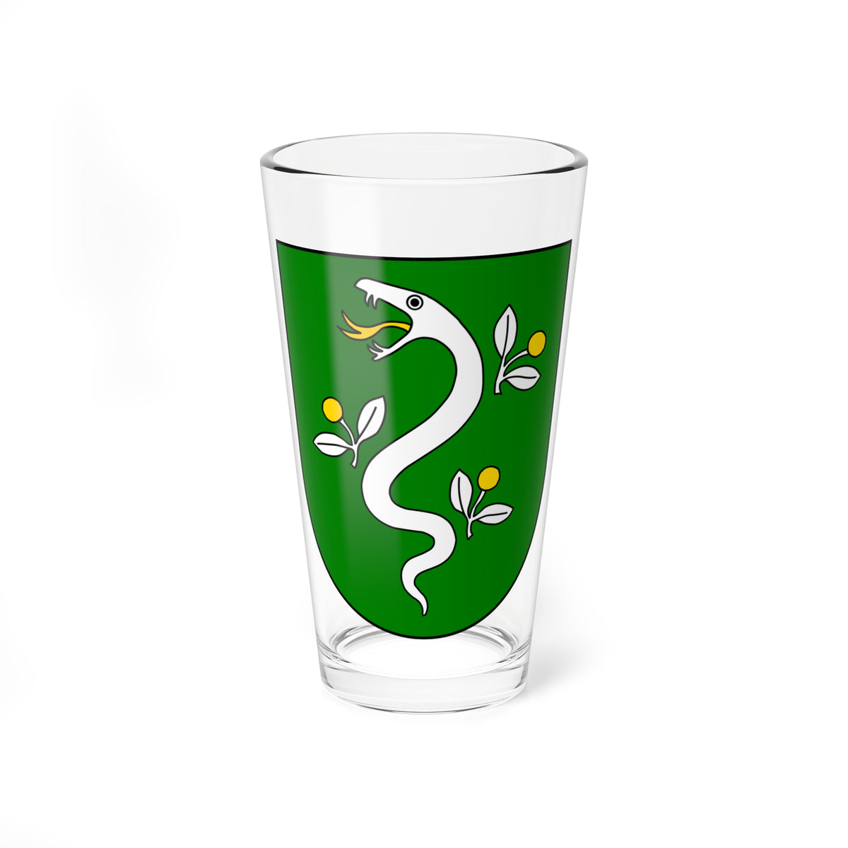 White serpent with a gold tongue winding in an S-curve beside three leafy sprigs bearing gold fruit on a green shield.