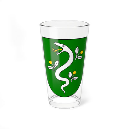 White serpent with a gold tongue winding in an S-curve beside three leafy sprigs bearing gold fruit on a green shield.