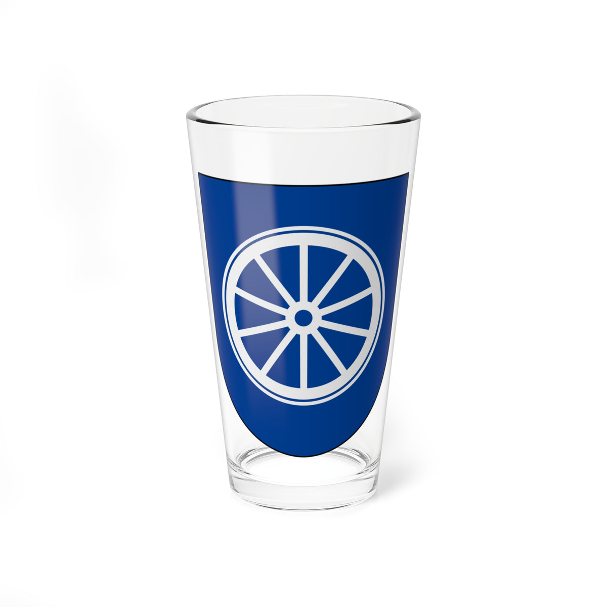 White spoked wheel with a hub and double outer rim centred on a solid blue heraldic shield.