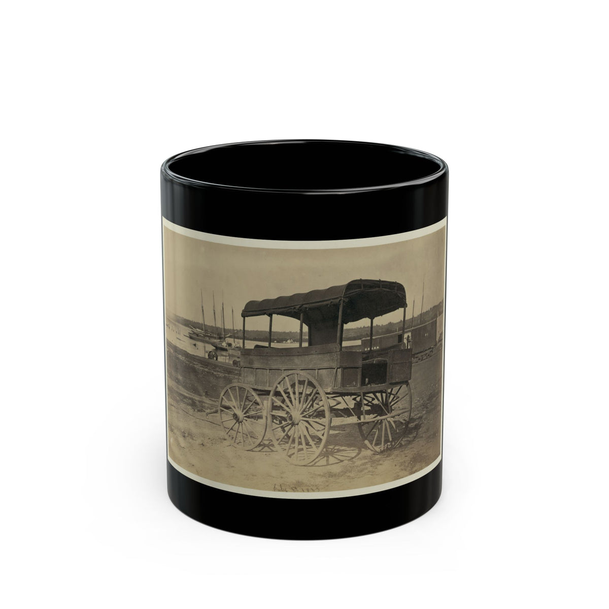 Covered Wagon With Side Curtains Rolled Up At A Military Facility (U.S. Civil War) Black Coffee Mug