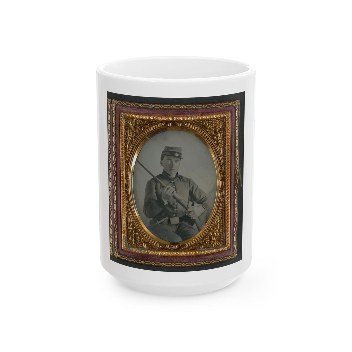 Unidentified Soldier In Confederate Uniform With Conversion Musket And Small Bowie Knife (U.S. Civil War) White Coffee Mug
