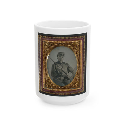 Unidentified Soldier In Confederate Uniform With Conversion Musket And Small Bowie Knife (U.S. Civil War) White Coffee Mug