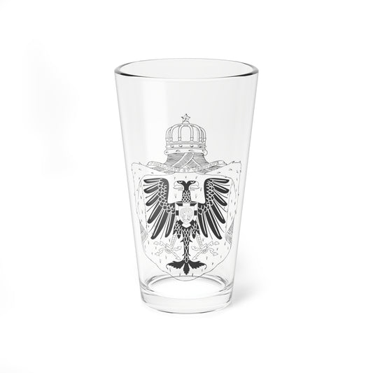 Monochrome heraldic two-headed eagle with a crown above, a shield on its breast, and a scroll reading Fidelitate et Veritate.