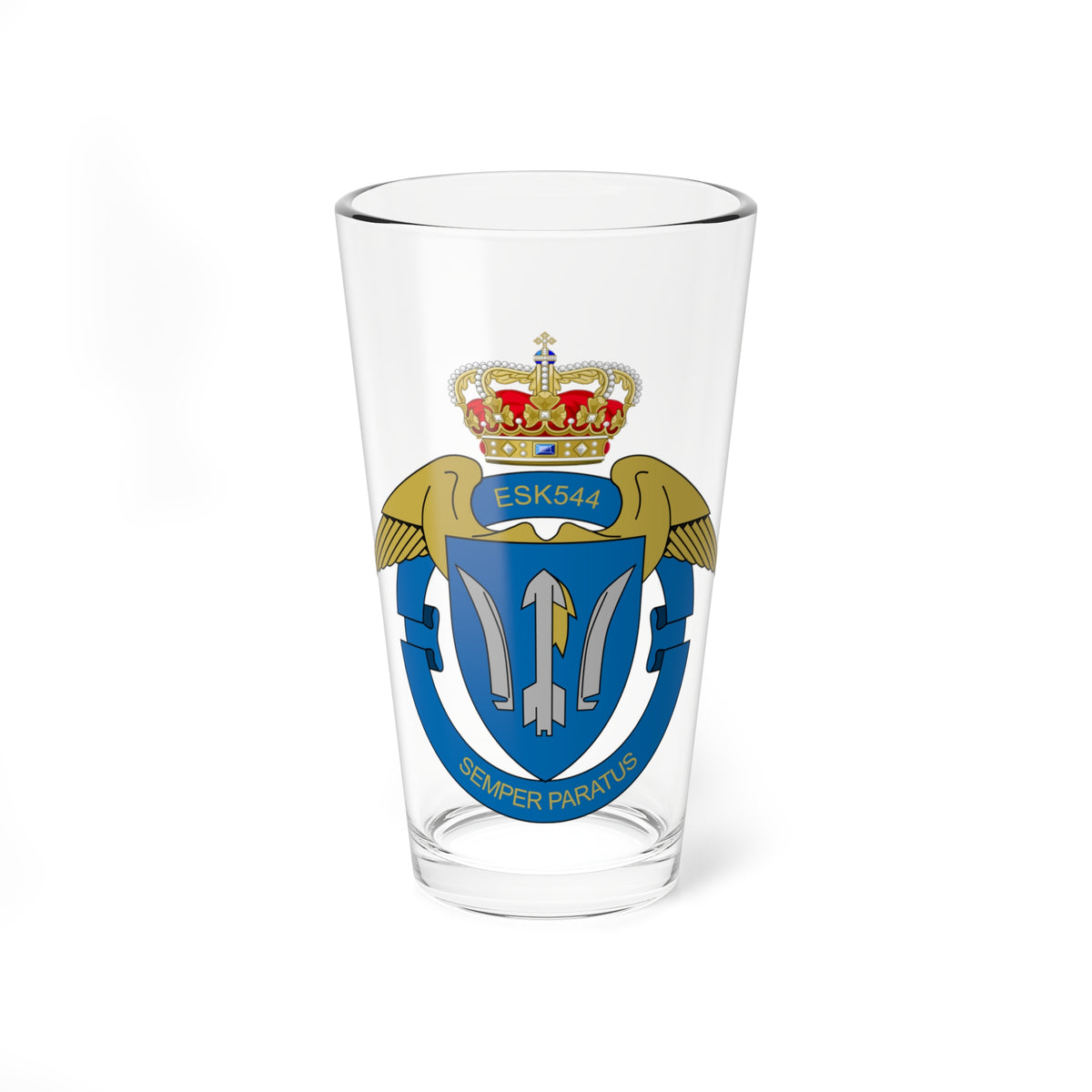 Flat vector heraldic crest with a grey missile flanked by two grey blades on a blue shield, a crown and gold wings.