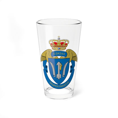 Flat vector heraldic crest with a grey missile flanked by two grey blades on a blue shield, a crown and gold wings.