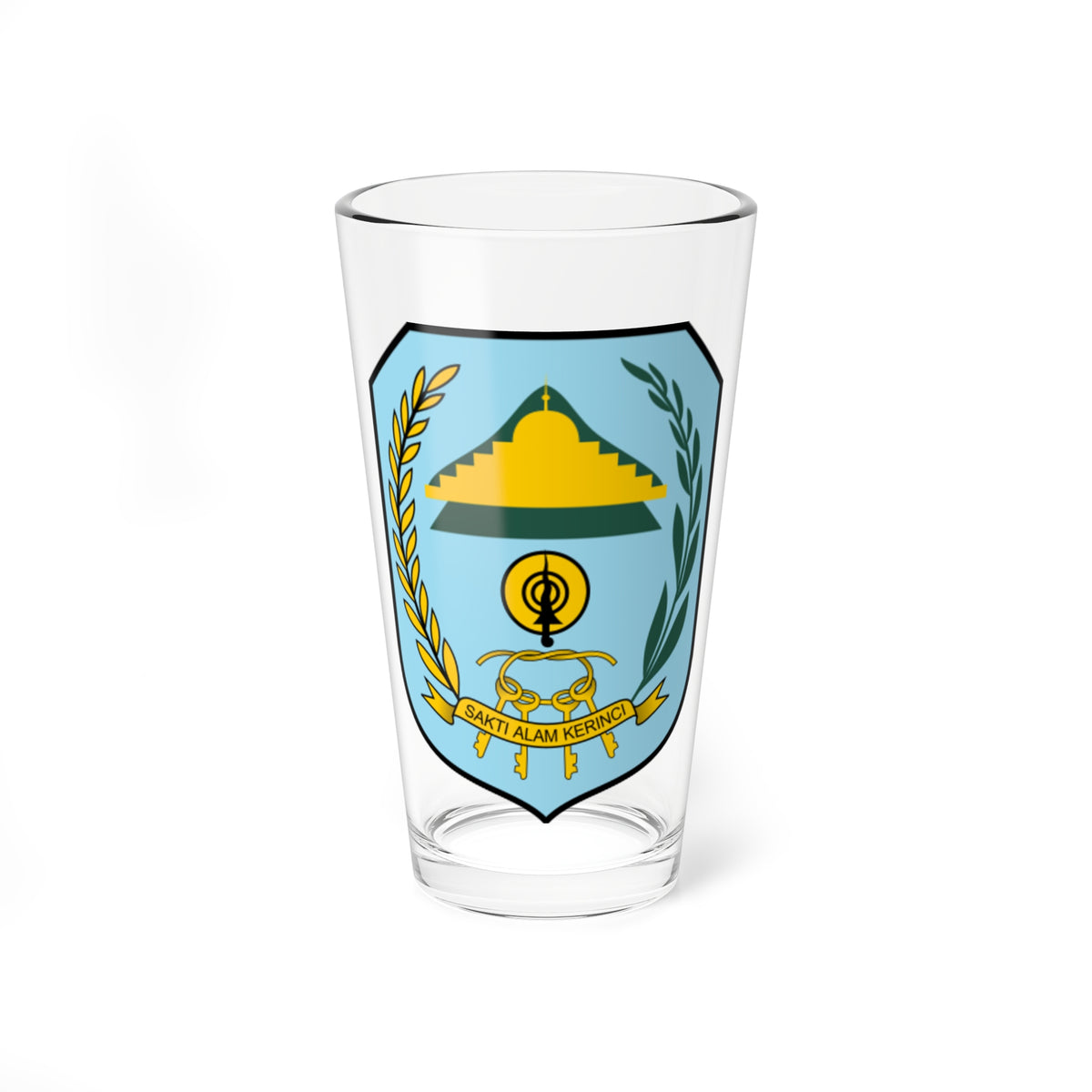 Shield-shaped coat of arms on pale blue with a golden stepped mountain, laurel branches and crossed keys.