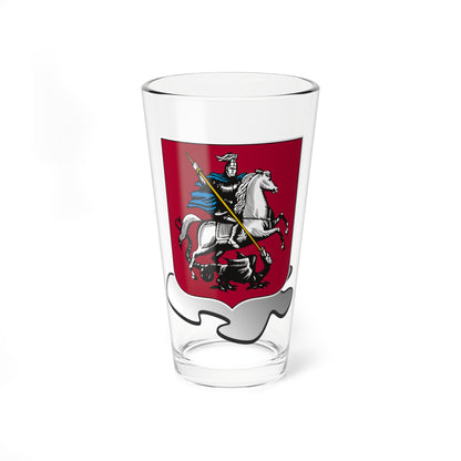 Armoured rider on a white horse spearing a black dragon on a crimson heraldic shield above a grey ribbon.