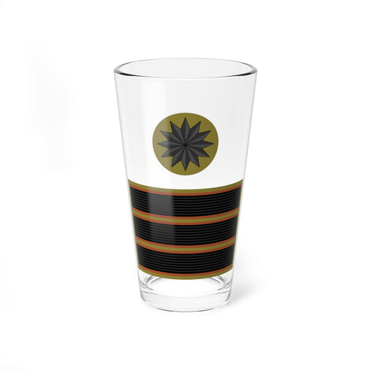 Olive circular badge with a dark faceted star above three black-striped ribbon bands on a white ground.