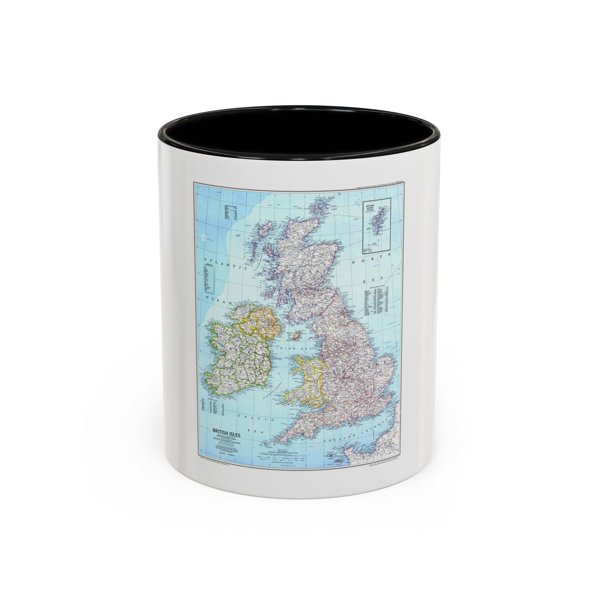 Colour map of the British Isles on a pale blue sea, with labelled countries, seas and an inset of Shetland.
