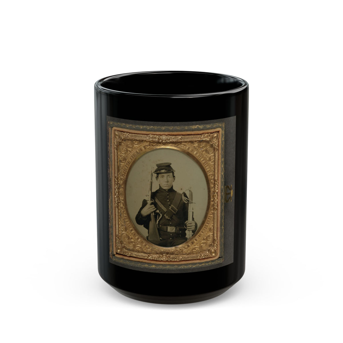 Unidentified Soldier In Union Uniform Holding A U.S. Model 1855 Pistol-Carbine With Attached Shoulder Stock And A Saber (U.S. Civil War) Black Coffee Mug