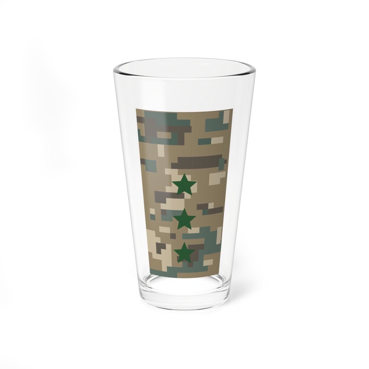 Blocky tan, brown and sage camouflage pattern with three dark green five-pointed stars scattered across it.