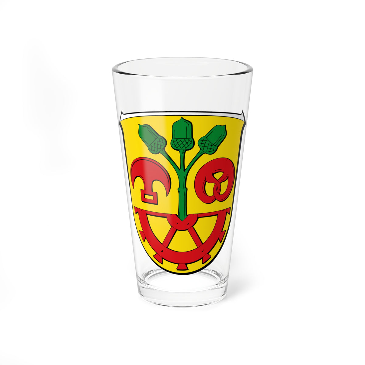 Yellow heraldic shield with a green oak sprig of three acorns above a red wheel, pretzel and helmet.
