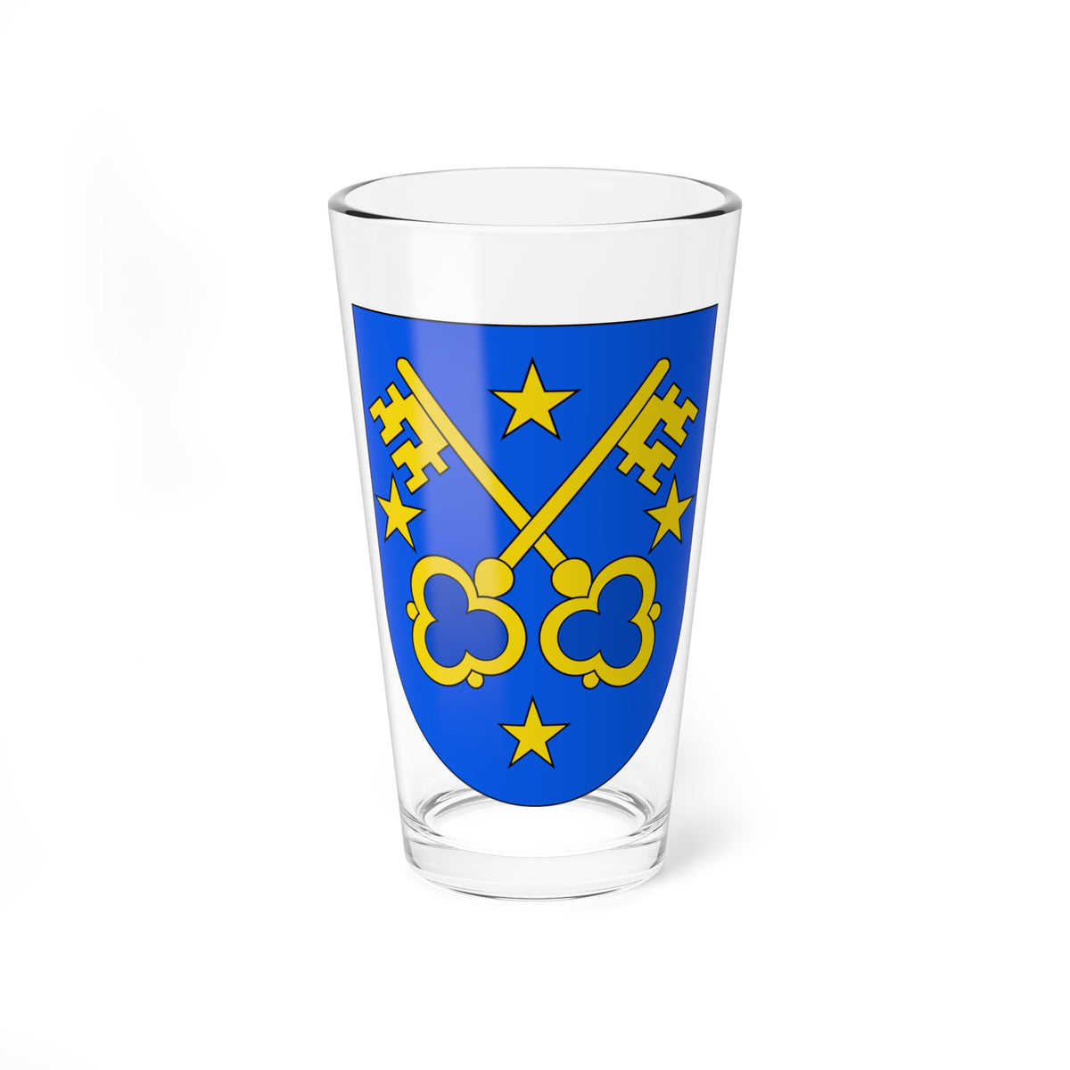 Blue heraldic shield with two crossed yellow keys and four yellow five-pointed stars in flat vector style.
