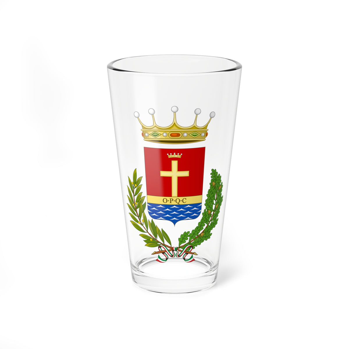 Heraldic coat of arms with a gold cross on red, a gold band inscribed O P Q C, and blue waves at the base.