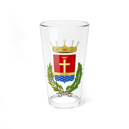 Heraldic coat of arms with a gold cross on red, a gold band inscribed O P Q C, and blue waves at the base.
