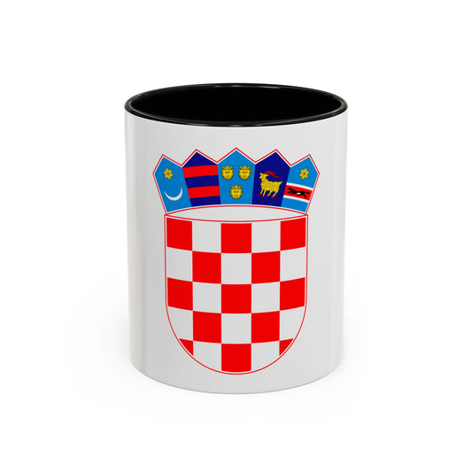 Red and white checkerboard shield beneath five coloured heraldic panels with gold lions, a goat, stars and a crescent.