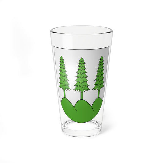 Silver heraldic shield with three green fir trees standing on three rounded green hills at its base.