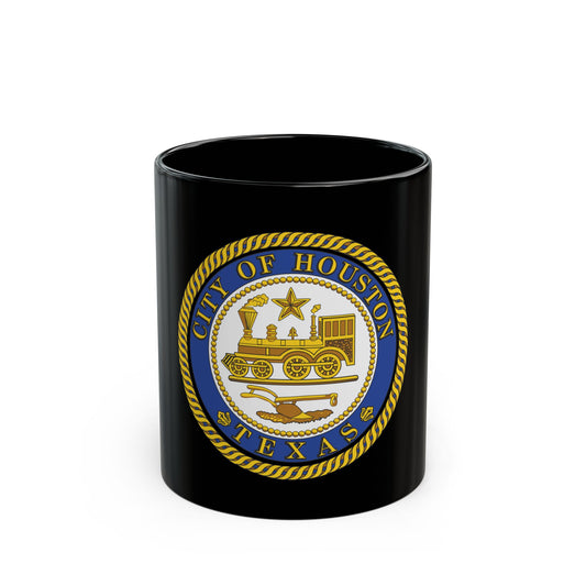 Circular gold and blue civic seal of Houston, Texas, with a steam locomotive, plough and lone star.