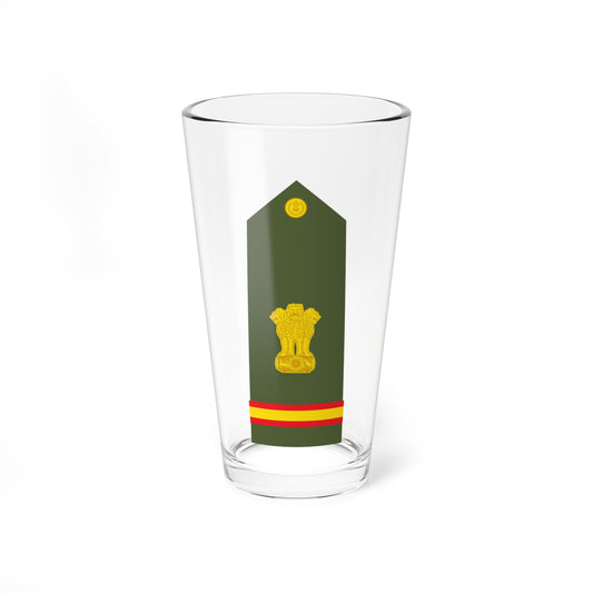 Olive green shoulder board with a large lion-capital emblem, a small golden crest and a red-trimmed band below.