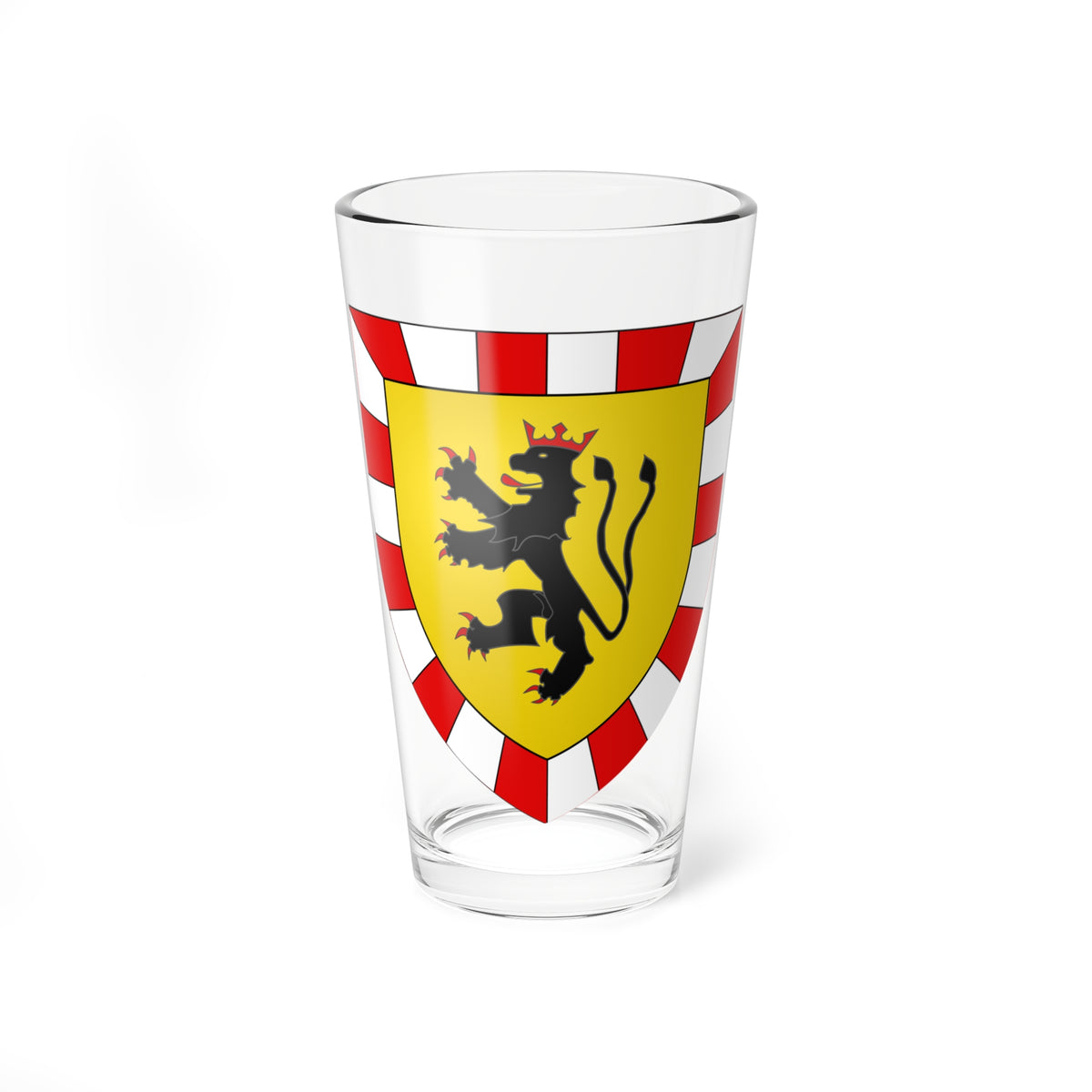 A black crowned lion rampant on a gold shield, framed by a red and white checkered border.