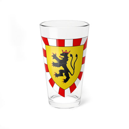 A black crowned lion rampant on a gold shield, framed by a red and white checkered border.