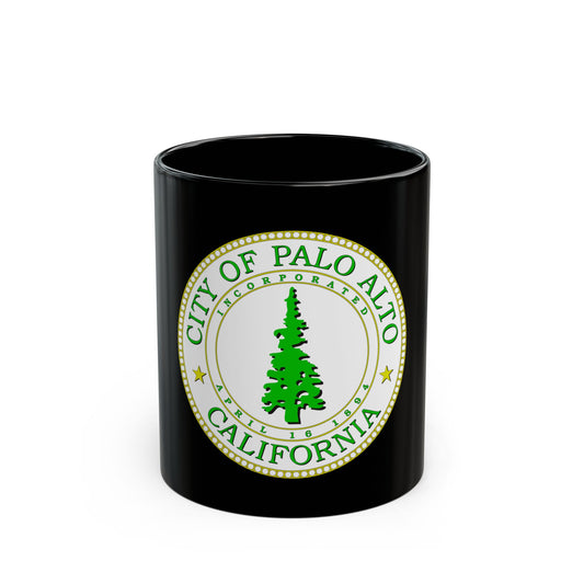 Green circular city seal of Palo Alto, California, with a conifer tree between rings and a yellow beaded border.