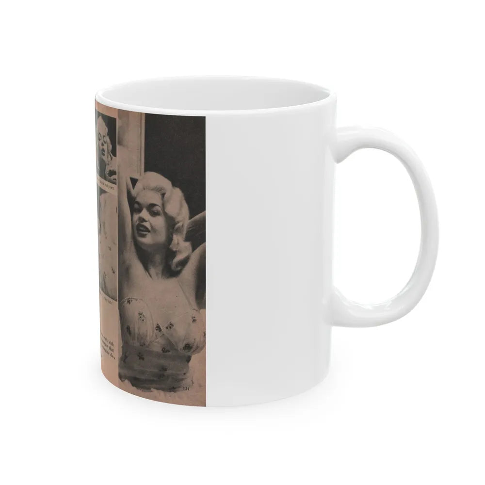 Jayne Mansfield #185 - 2 Pages, 4 B&W Photos, Captions & Article from Foto-rama Digest Mag. Dec. '56 (Vintage Female Icon) White Coffee Mug-Go Mug Yourself