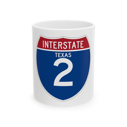 Blue and red Interstate highway shield reading INTERSTATE over TEXAS and the route number 2 in white.