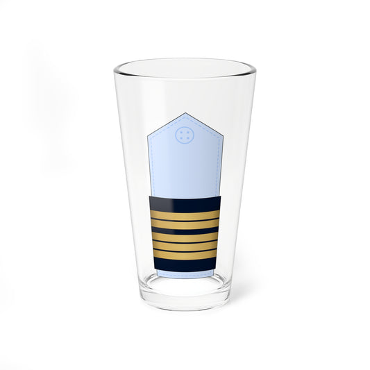 Pale blue military shoulder board with a navy band crossed by five horizontal gold stripes and a button.