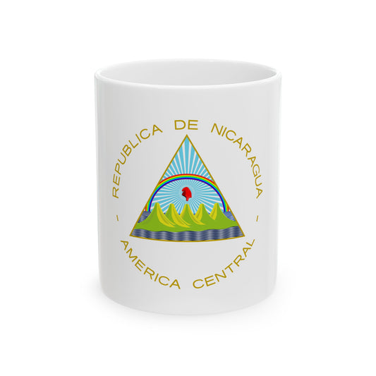 Triangular national emblem with five green volcanoes, a rainbow and a red cap in a sunburst, ringed by gold lettering.