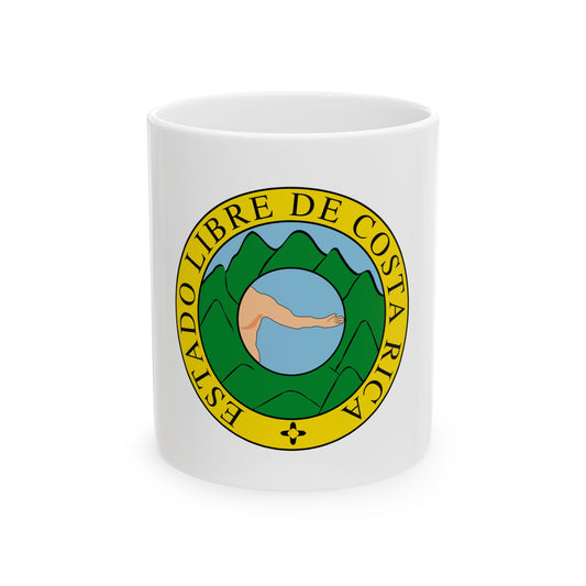 Circular yellow seal lettered Estado Libre de Costa Rica around green mountains, a blue sky and a bare arm.