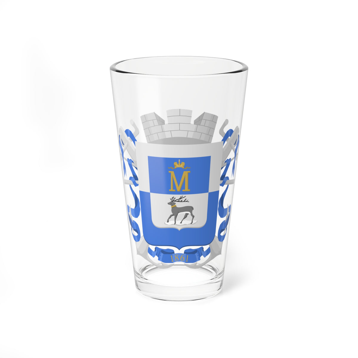 A grey reindeer with a gold collar on snow beneath a gold M and crown on a blue and silver shield.