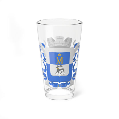 A grey reindeer with a gold collar on snow beneath a gold M and crown on a blue and silver shield.