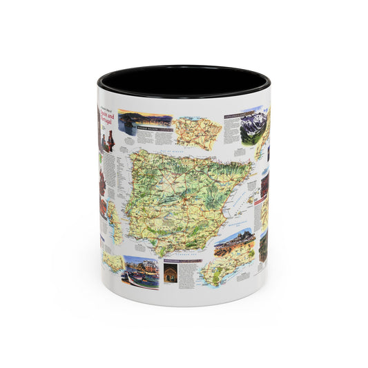 Illustrated travel map of Spain and Portugal on white, with inset vignettes of cities, coasts and flamenco dancers.