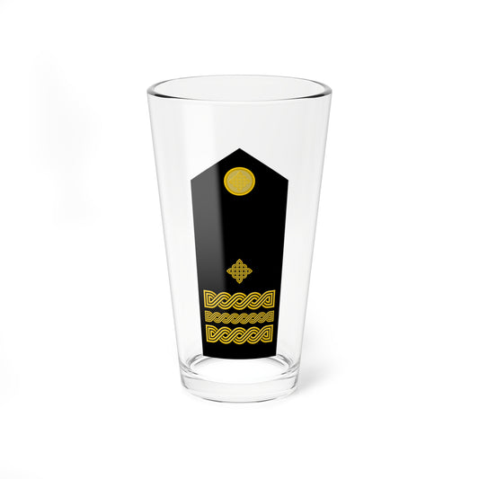 Black pointed shoulder board with a gold knot in a circular badge at the top and three gold braided knot bands.