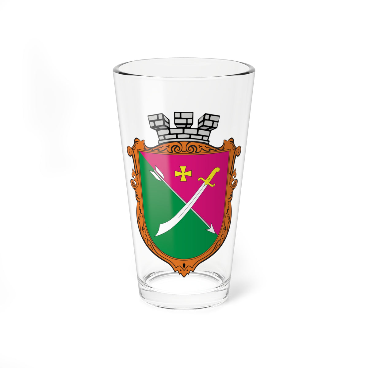 Baroque-framed coat of arms, green and magenta diagonally divided, with a white arrow and sabre and a yellow cross.