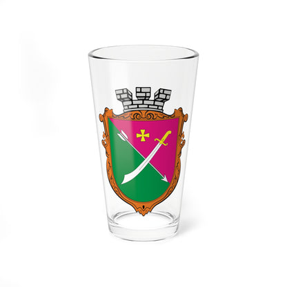 Baroque-framed coat of arms, green and magenta diagonally divided, with a white arrow and sabre and a yellow cross.