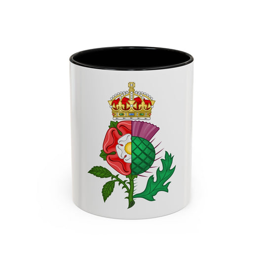 A Tudor rose and Scottish thistle joined down the centre beneath a gold royal crown, in red, green and purple.