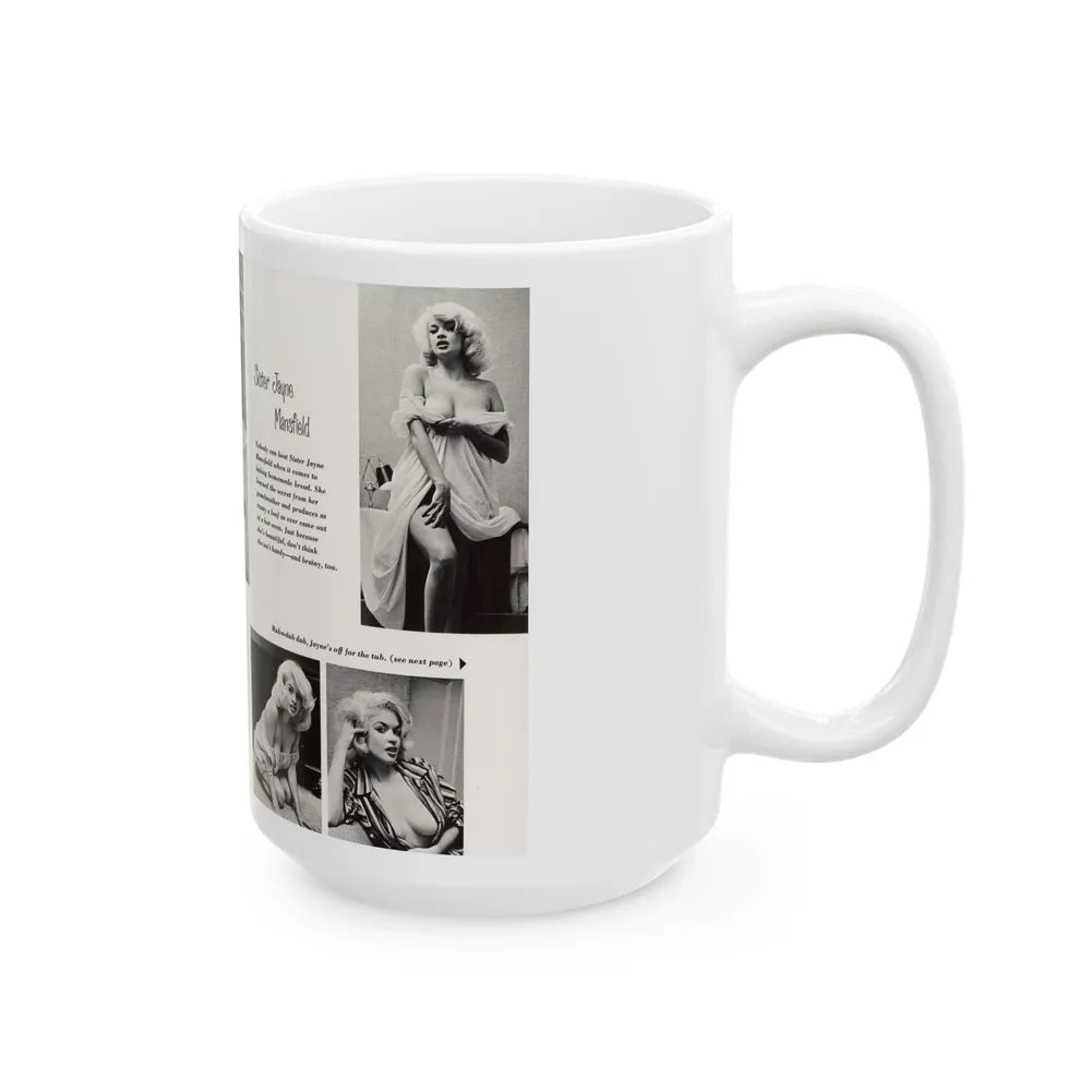 Jayne Mansfield #181 - 2 Pages, 5 B&W Photos & Captions from SCAMP Mag. May '57 (Vintage Female Icon) White Coffee Mug-Go Mug Yourself