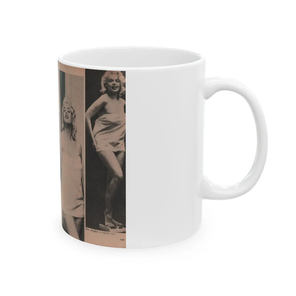 Jayne Mansfield #187 - 2 Pages, 5 B&W Photos, 1 Caption & Article from Foto-rama Digest Mag. Dec. '56 (Vintage Female Icon) White Coffee Mug-Go Mug Yourself