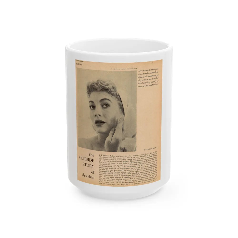 Lori Nelson #219 - Vintage B&W 8x10.5 Photo Glamour Head & Shoulder Shot putting on skin cream an add (Vintage Female Icon) White Coffee Mug-15oz-Go Mug Yourself