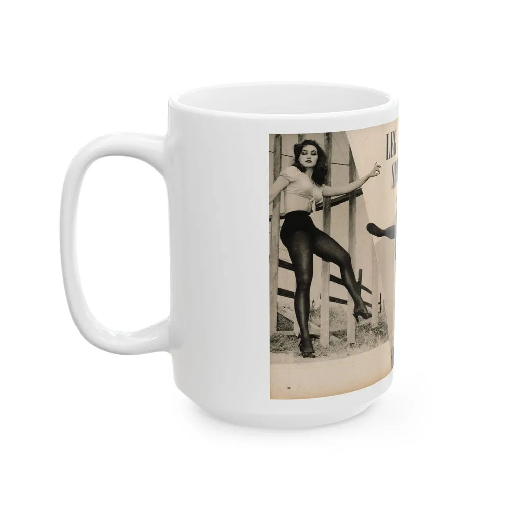 Julie Newmar #481 - Pages 38-39 Pages 3 & 4 of 4 with, Julie+3 B&W Photos & Short Paragraph from COVER GIRLS MODELS Mag. June '54 (Vintage Female Icon) White Coffee Mug-Go Mug Yourself