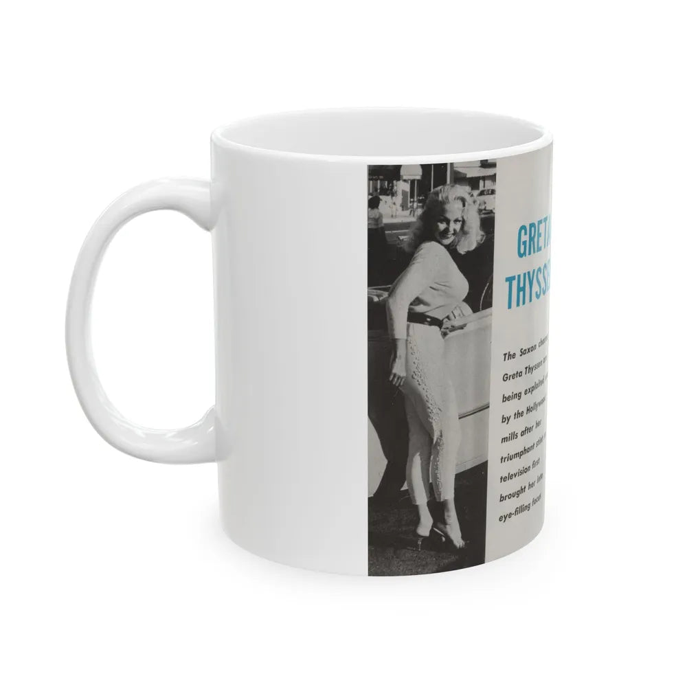 Greta Thyssen #42 - Pose! Pocket Mag. July '58 - 2 B&W Photos & Caption (Vintage Female Icon) White Coffee Mug-Go Mug Yourself