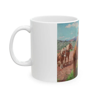 Family on the Farm, calendar illustration - White Coffee Mug-Go Mug Yourself