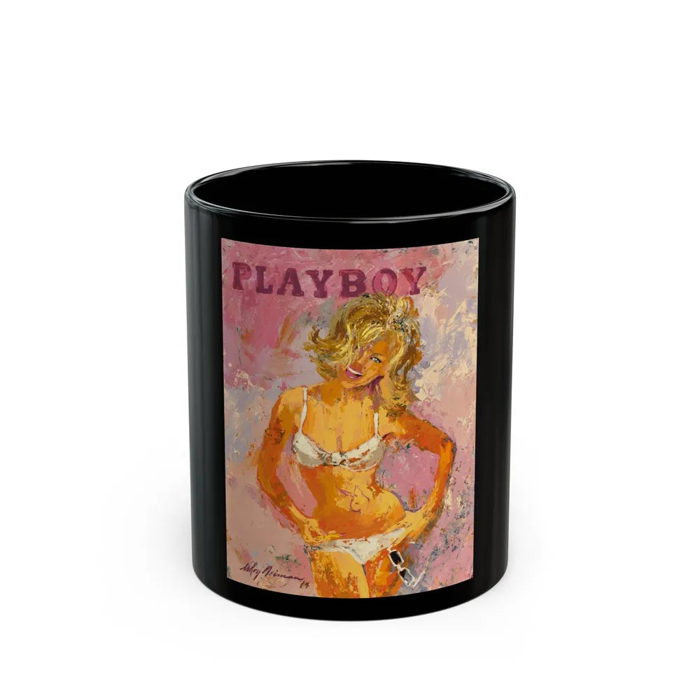 Blonde Pin-Up in White Bikini, Playboy, 1964 - Black Coffee Mug-11oz-Go Mug Yourself